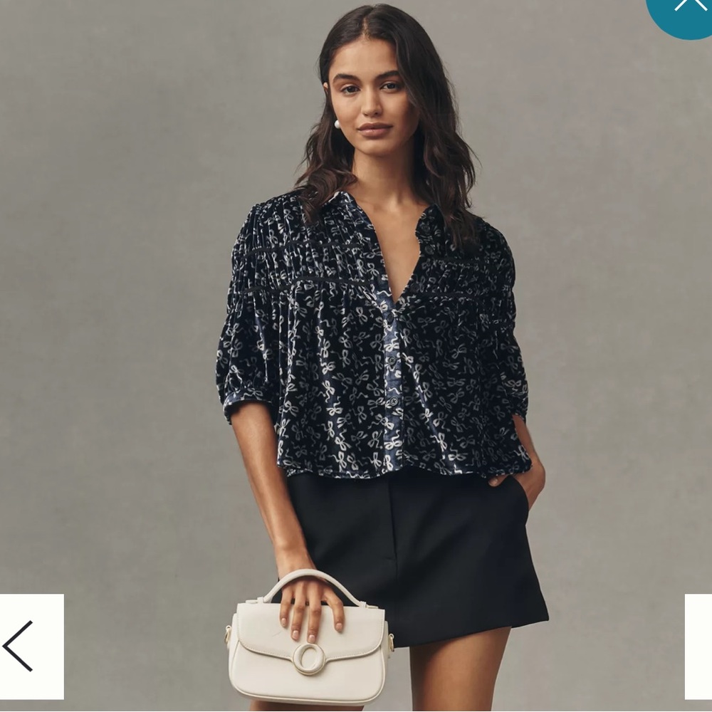 Anthropologie Black Velvet Floral Smocked Blouse